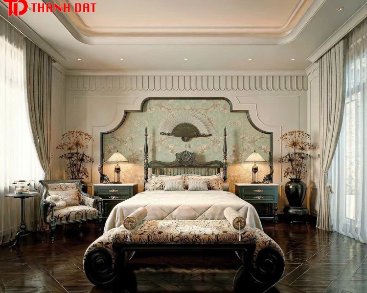 Sàn gỗ hoa văn lát phòng ngủ Indochine