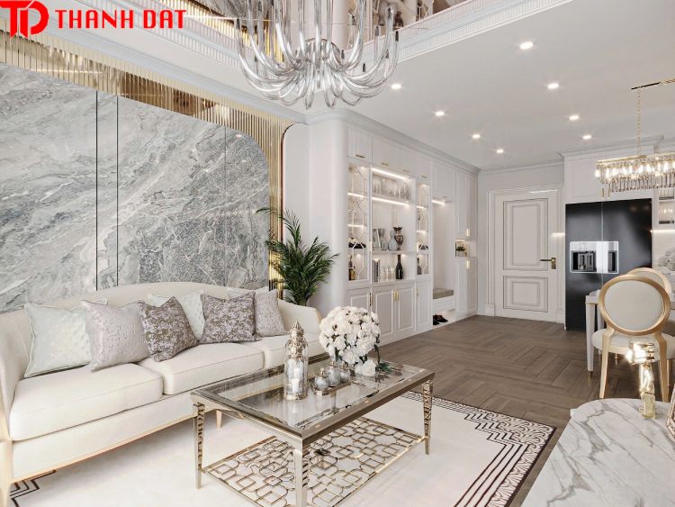 sàn gỗ kết hợp nội thất vân đá